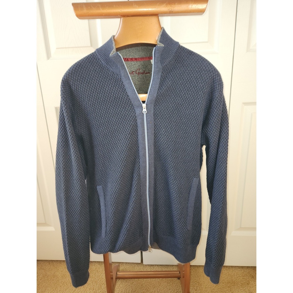 Robert Graham Armidale Navy Full Zip Textured  Knit Cardigan Sweater Sz XL